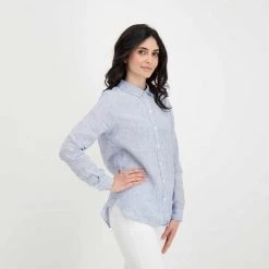 BARBOUR CAMICIA IN LINO MARINE DONNA Bianco, Blu -Tendenza Italia barbour lsh1315 camicia in lino marine donna casual donna 044618801 ny73 5