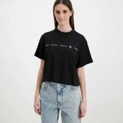CALVIN KLEIN JEANS T-SHIRT CROP REPEAT LOGO DONNA Nero -Tendenza Italia calvin klein jeans j20j217709 t shirt crop repeat logo donna casual donna 044968801 beh 3