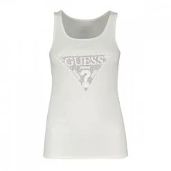 GUESS CANOTTA LOGO STRASS DONNA Bianco