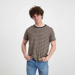 SUN 68 T-SHIRT IN LINO A RIGHE Beige, Blu -Tendenza Italia sun 68 t32137 t shirt in lino a righe casual uomo 044821001 0718 4