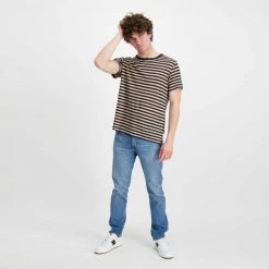 SUN 68 T-SHIRT IN LINO A RIGHE Beige, Blu -Tendenza Italia sun 68 t32137 t shirt in lino a righe casual uomo 044821001 0718 5