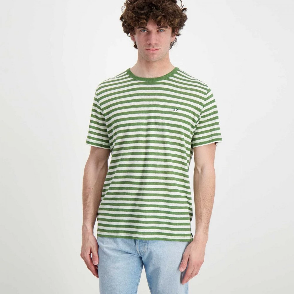 SUN 68 T-SHIRT IN LINO A RIGHE Bianco, Verde 4 SUN 68 T-SHIRT IN LINO A RIGHE Bianco, Verde - immagine 2