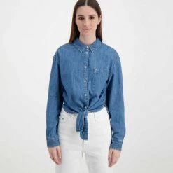 TOMMY JEANS CAMICIA CHAMBRAY CON NODO DONNA Blu -Tendenza Italia tommy jeans dw0dw12894 camicia chambray con nodo donna casual donna 045115301 1a5 3