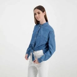 TOMMY JEANS CAMICIA CHAMBRAY CON NODO DONNA Blu -Tendenza Italia tommy jeans dw0dw12894 camicia chambray con nodo donna casual donna 045115301 1a5 5