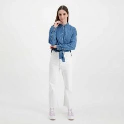 TOMMY JEANS CAMICIA CHAMBRAY CON NODO DONNA Blu -Tendenza Italia tommy jeans dw0dw12894 camicia chambray con nodo donna casual donna 045115301 1a5 6