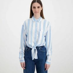 TOMMY JEANS CAMICIA CON NODO DONNA Azzurro, Bianco -Tendenza Italia tommy jeans dw0dw12901 camicia con nodo donna casual donna 045115401 cy0 3