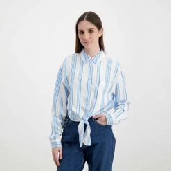 TOMMY JEANS CAMICIA CON NODO DONNA Azzurro, Bianco -Tendenza Italia tommy jeans dw0dw12901 camicia con nodo donna casual donna 045115401 cy0 5
